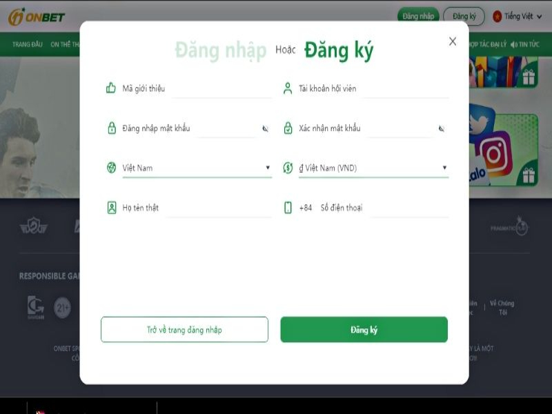 Những thao tác đăng ký Onbet trên máy tính (Laptop/PC)