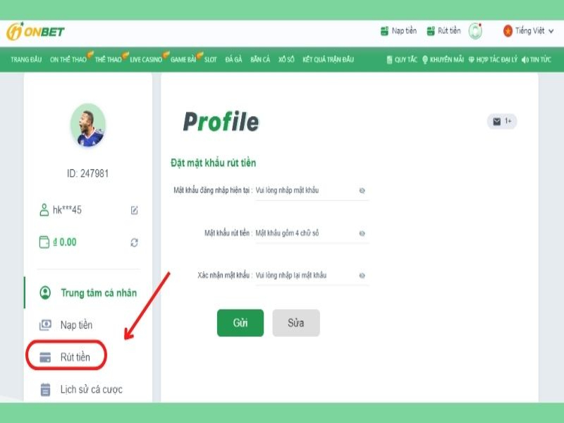 Hướng dẫn thao tác rút tiền Onbet siêu dễ dàng